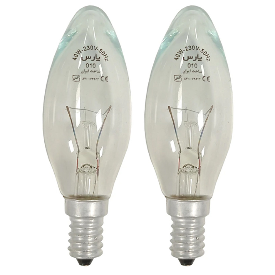 لامپ شمعی 40 وات پارس شهاب مدل ساده پایه E14 بسته 2 عددی