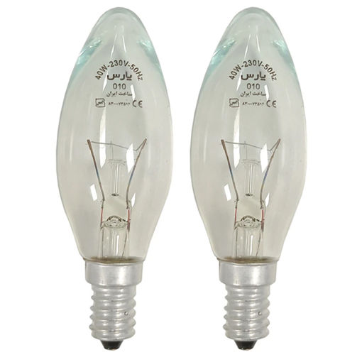 لامپ شمعی 40 وات پارس شهاب مدل ساده پایه E14 بسته 2 عددی