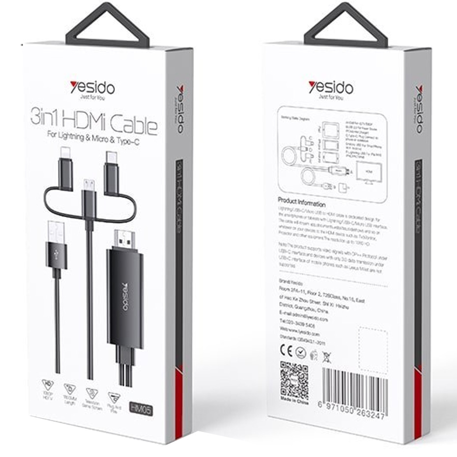 کابل ۳ سر یسیدو HM05 طول ۲ متر لایتنینگ تایپسی میکرو به HDMI