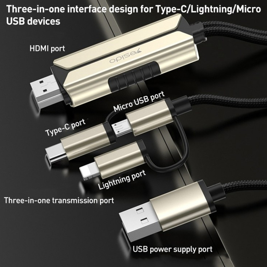 کابل انتقال تصویر تایپ C سی و آیفون تبدیل Yesido HM14 Lightning/MicroUSB/Type-C to HDMI 2m