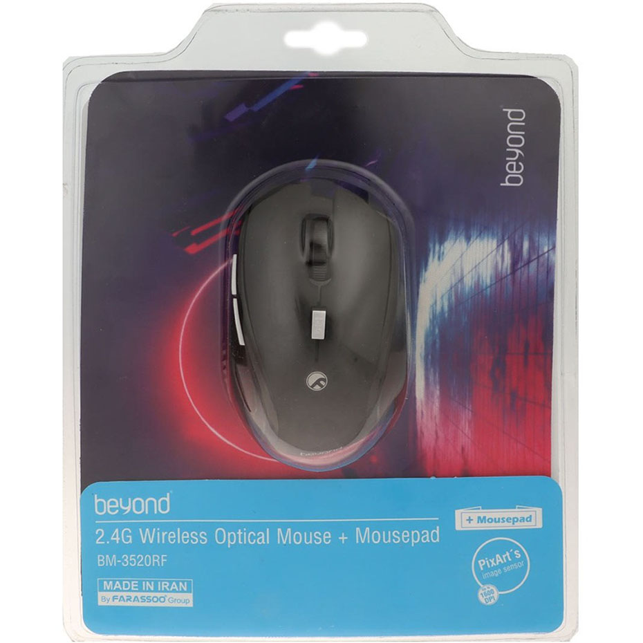ابعاد ماوس بی سیم بیاند مدل BEYOND BM-3520RF همراه با پد ماوس