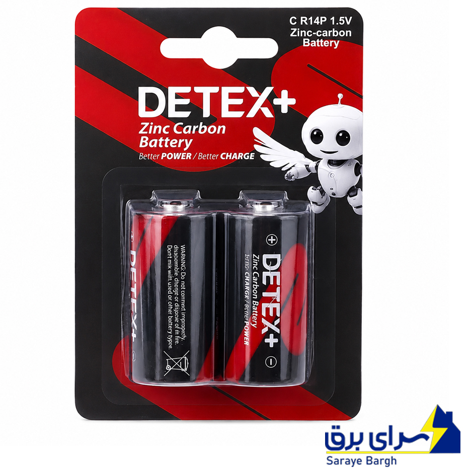 باتری متوسط سایز C ساده دتکس پلاس مدل DETEX+ Zinc Carbon 1.5V R14P