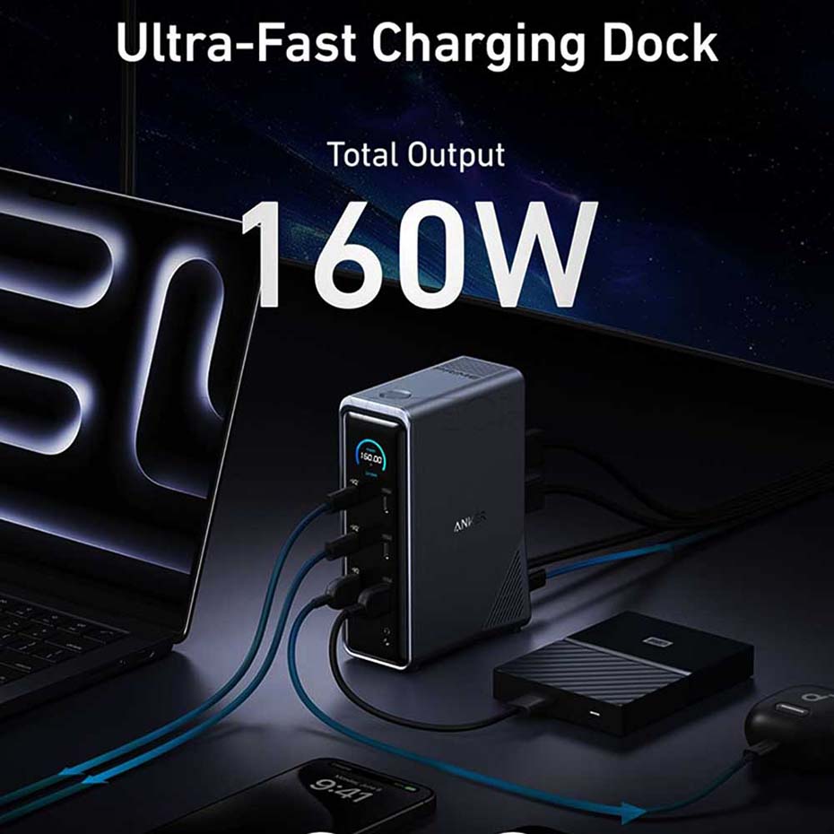 ابعاد شارژر رومیزی انکر مدل ANKER A83B63A1 14-in-1 PD 160W مشکی