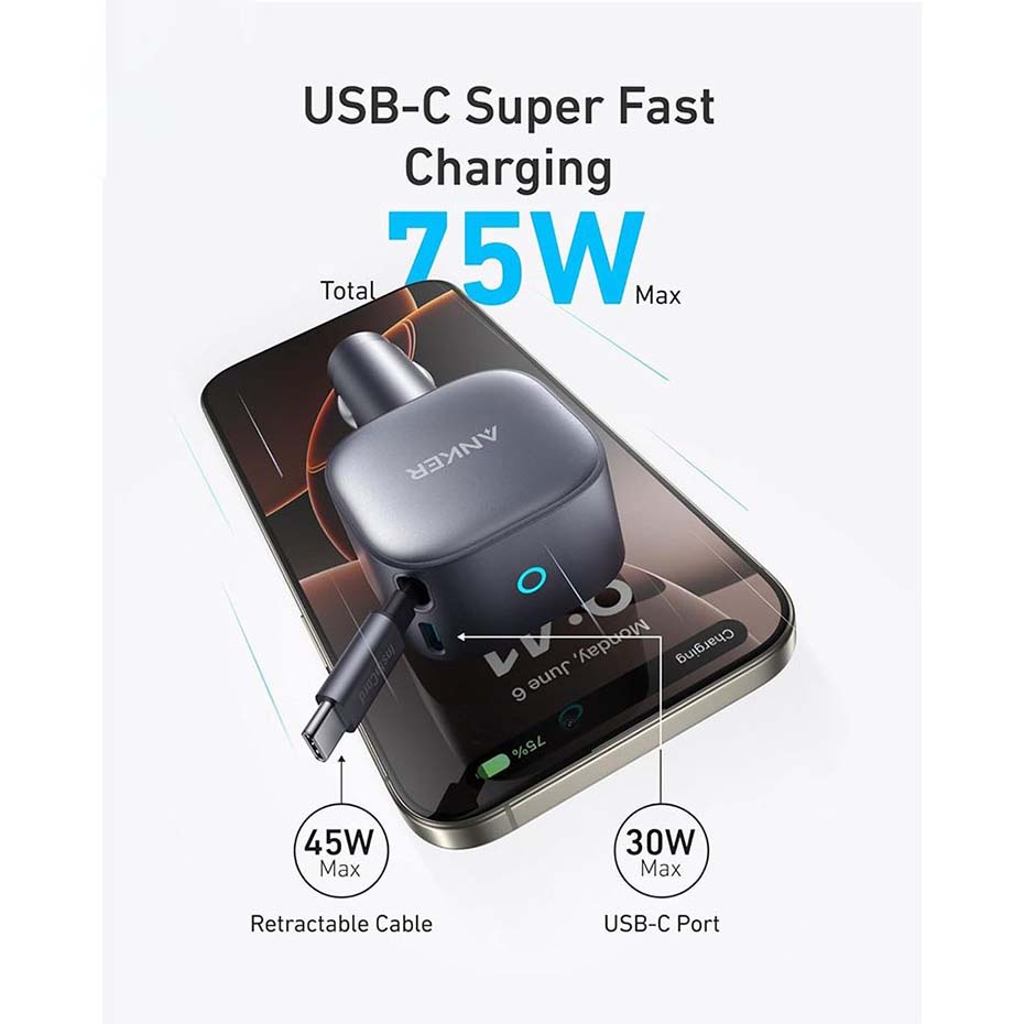 مشخصات شارژر فندکی انکر مدل ANKER A2738HA2 75W طوسی